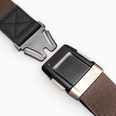 Arcade Motion Belt in Brown/Nickel — buckle, front