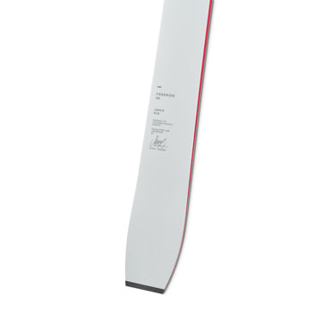 Van Deer Freeride 98 skis 2026/27 in off-white, tail detail with the model, length and turn radius printed on the topsheet and Marcel Hirscher's signature