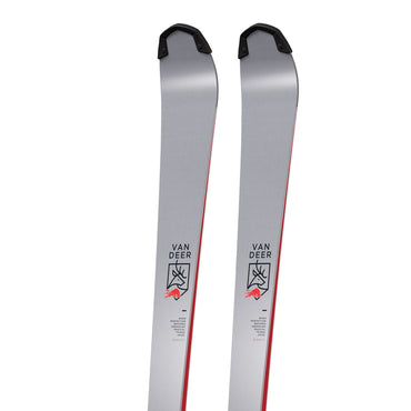 Van Deer SL World Cup slalom race skis 2026/27 in grey, close-up of the tips with the Van Deer deer crest on the topsheet