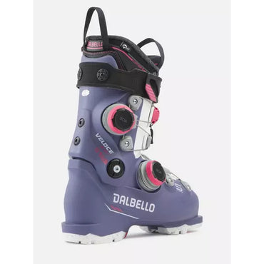 Dalbello Veloce Space 105 W Dual, three-quarter front view of the lavender shell and pink BOA dials