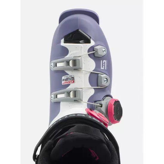 Cuff of the Dalbello Veloce Space 105 W Dual from above, with white buckle ladders and power strap