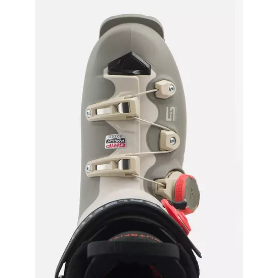Cuff of the Dalbello Veloce Space 120 Dual from above, with the ecru buckle ladders and power strap