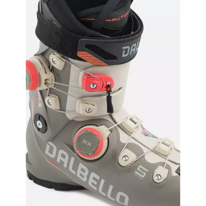 Upper cuff of the Dalbello Veloce Space 120 Dual in close-up, Dalbello logo and BOA dial