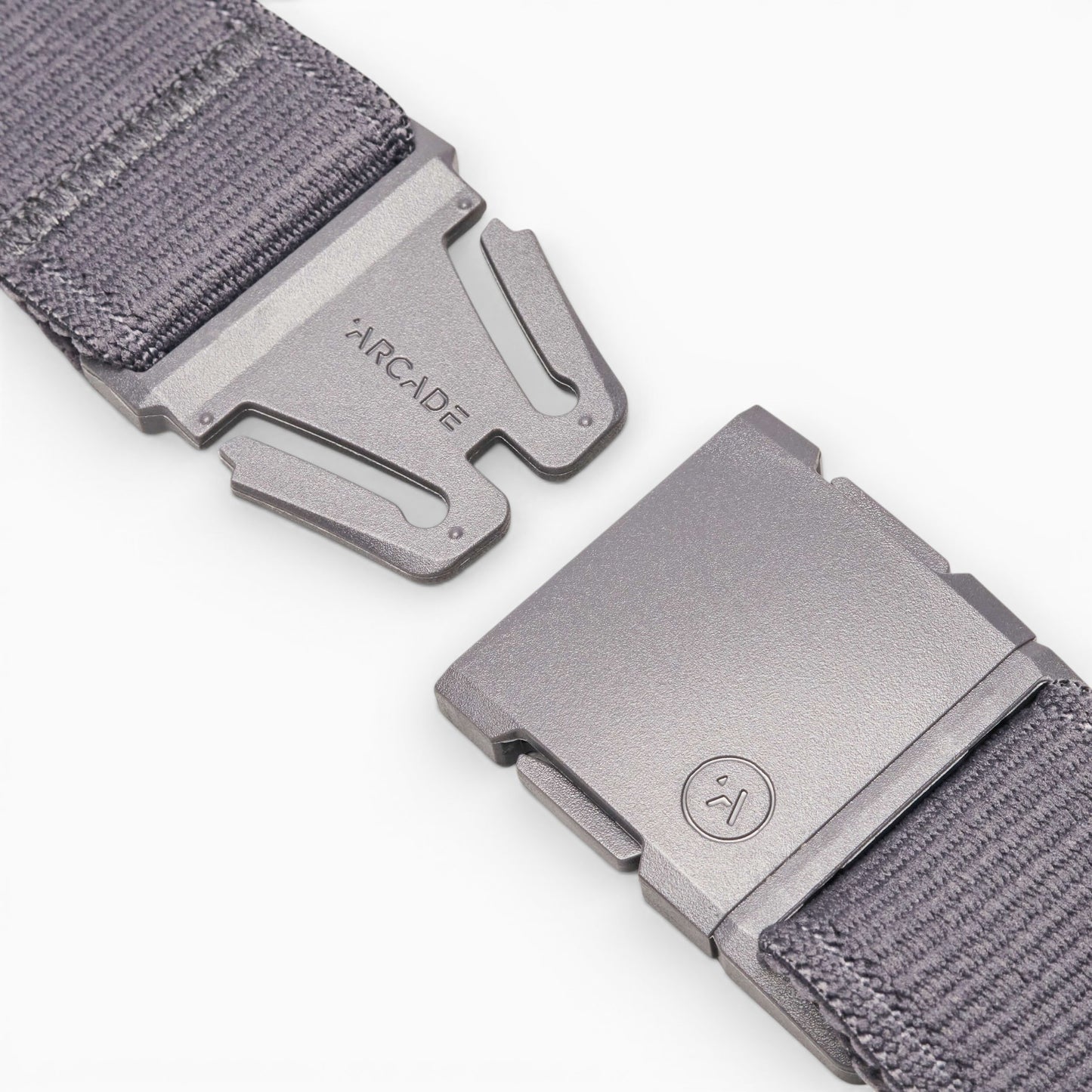 Arcade Atlas Belt in Charcoal — buckle, front