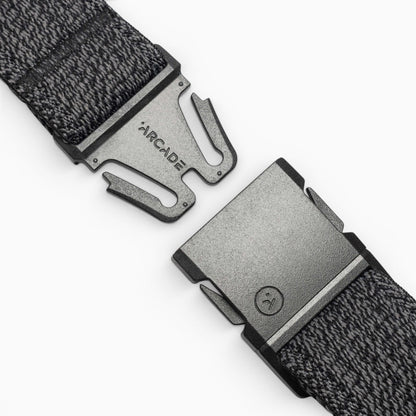 Arcade Atlas Slim Belt in Heather Black — buckle, front