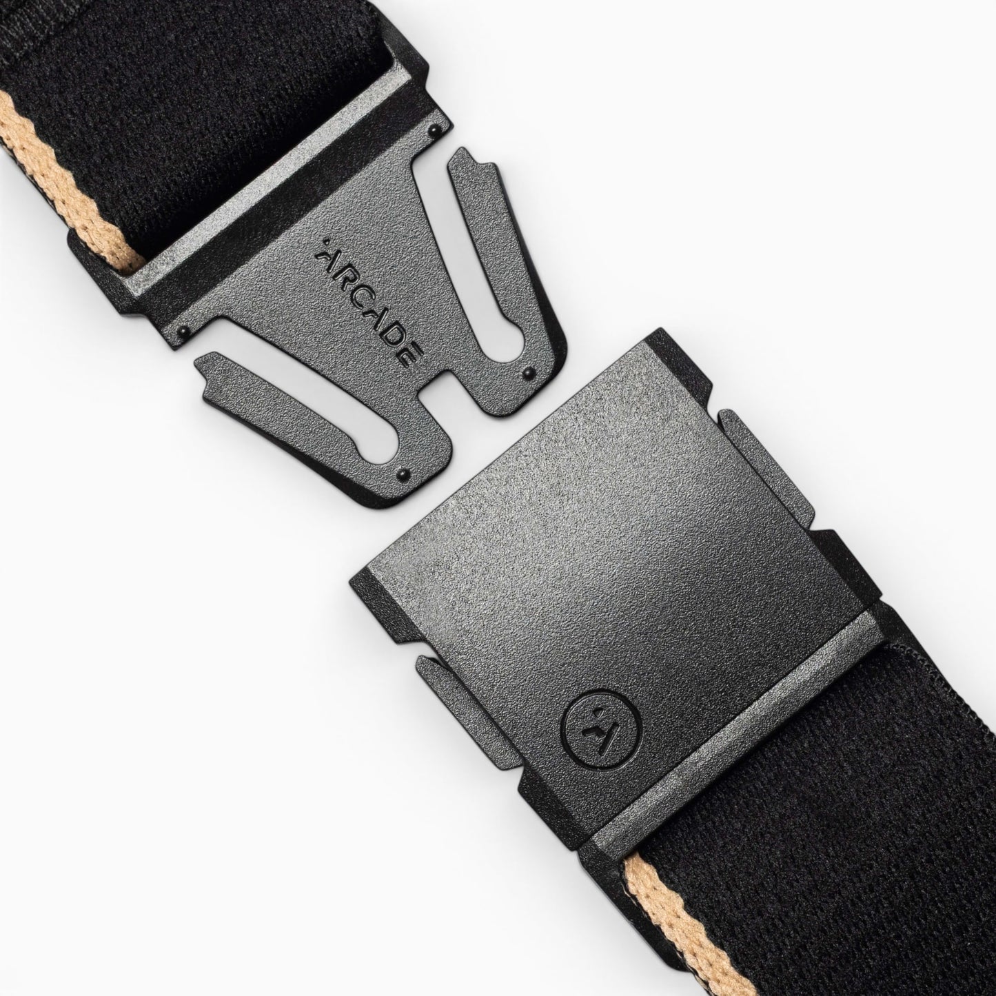 Arcade Blackwood Belt in Black/Sand — buckle, front