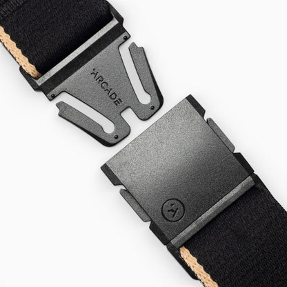 Arcade Blackwood Belt in Black/Sand — buckle, front