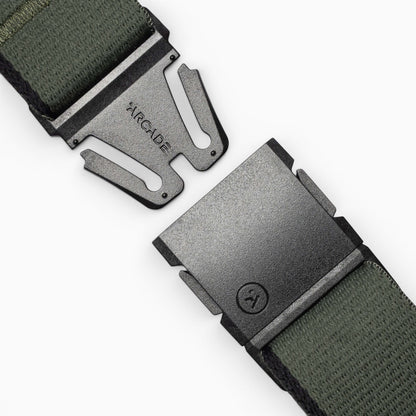 Arcade Blackwood Belt in Ivy Green/Black — buckle, front