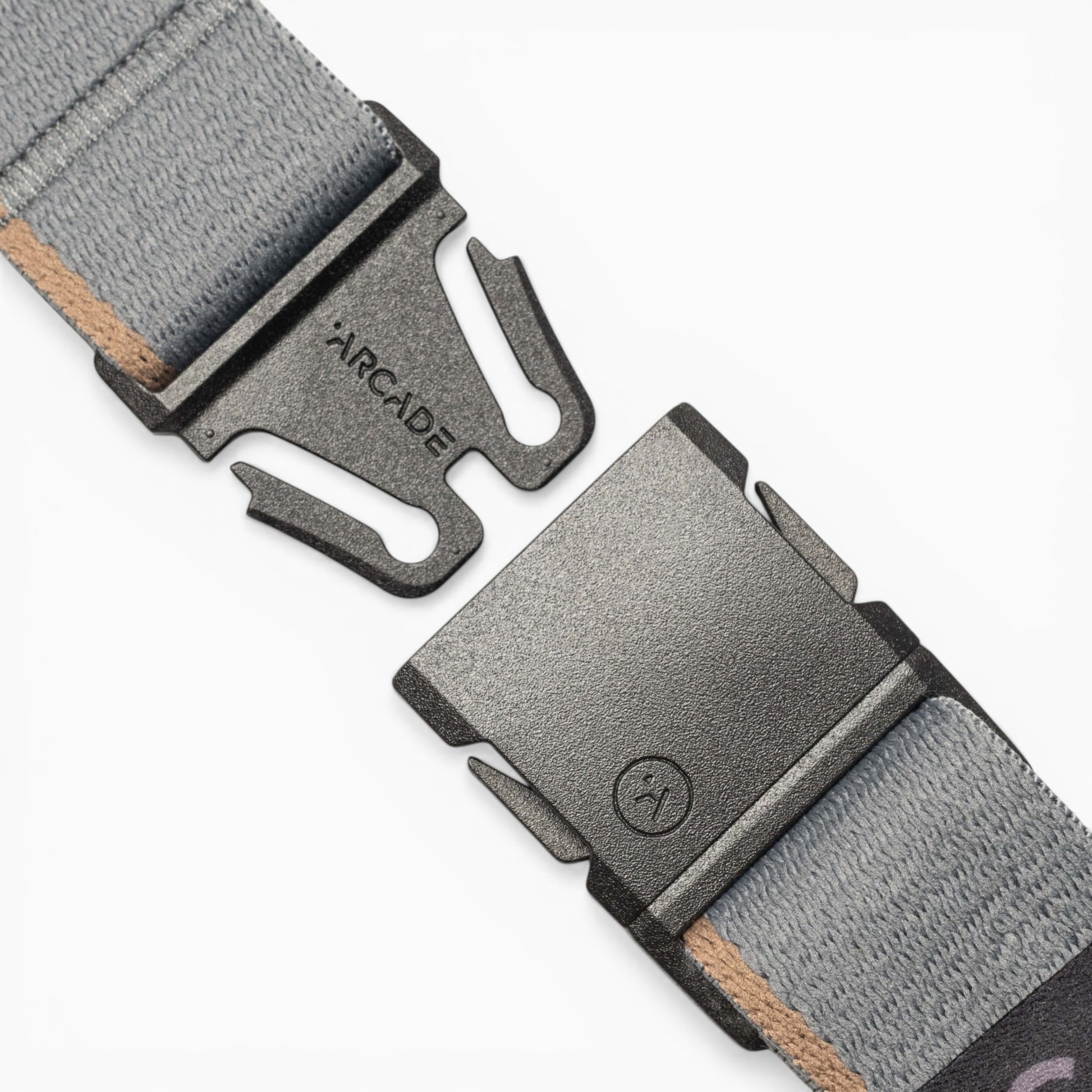 Arcade Blackwood Slim Belt in Shadow/Sand — buckle, front