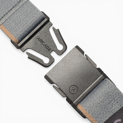 Arcade Blackwood Slim Belt in Shadow/Sand — buckle, front