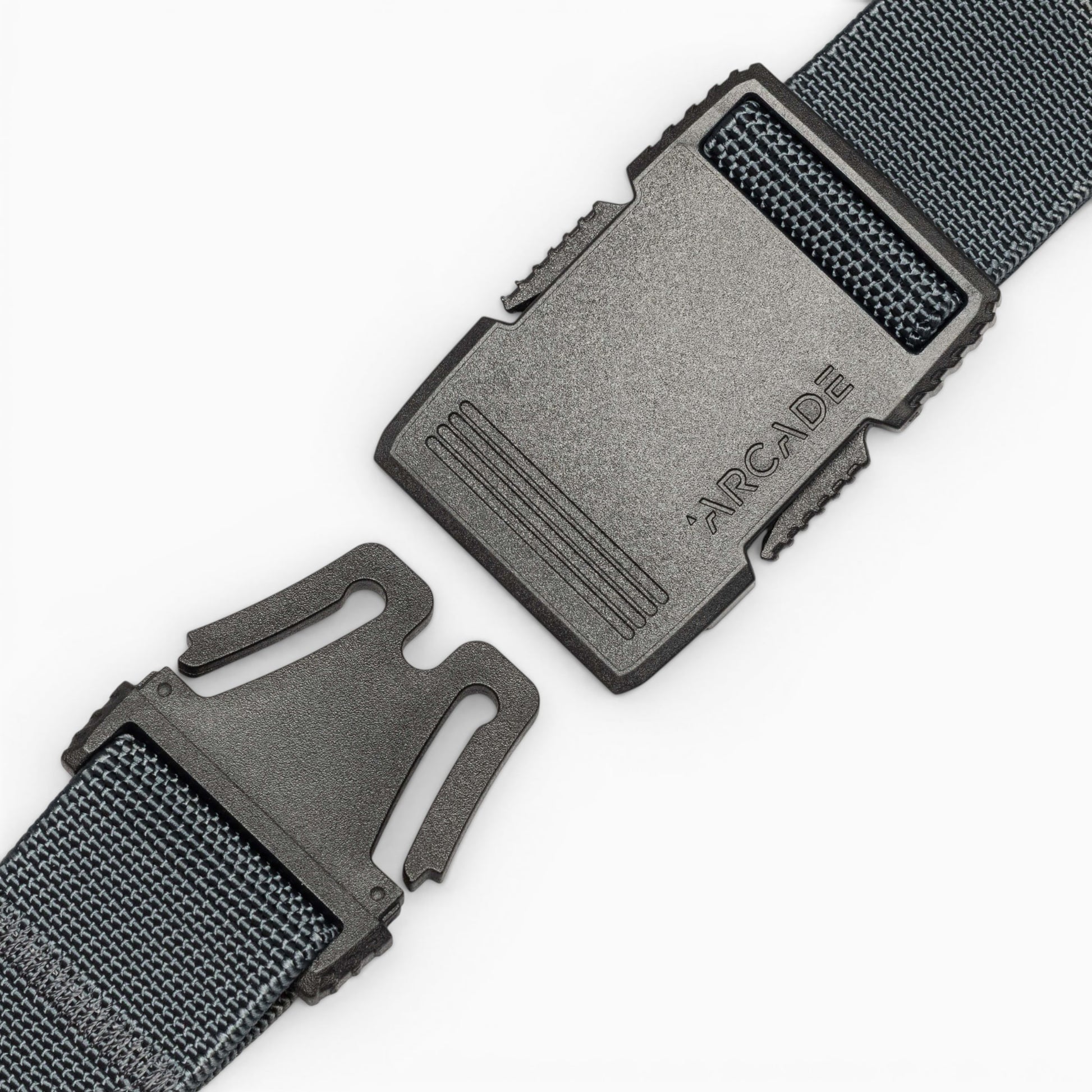 Arcade Hardware Belt in Charcoal — buckle, front