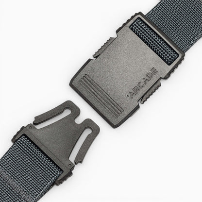 Arcade Hardware Belt in Charcoal — buckle, front