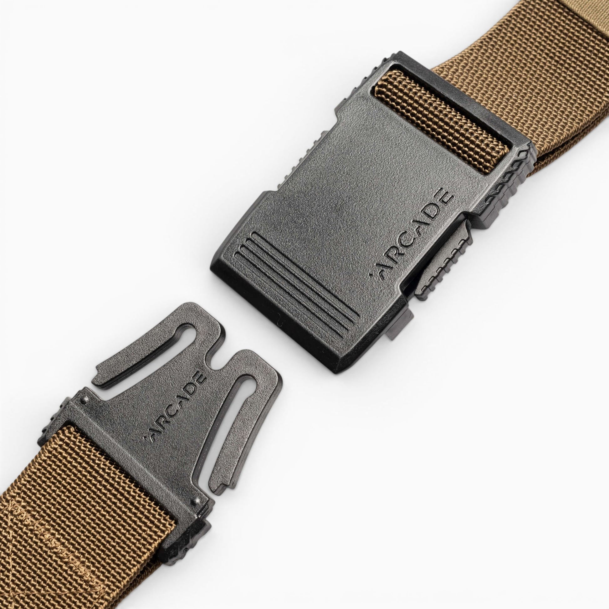 Arcade Hardware Belt in Coyote — buckle, front