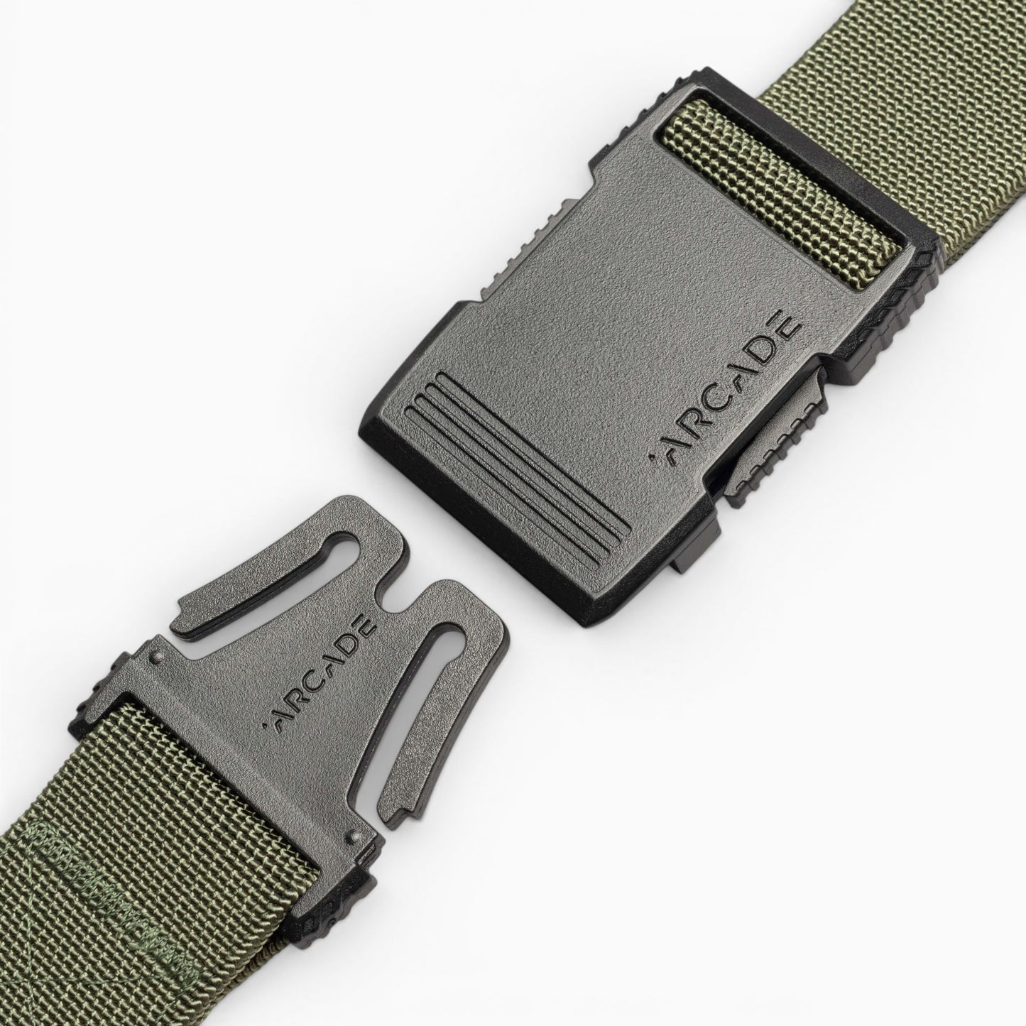 Arcade Hardware Belt in Olive — buckle, front