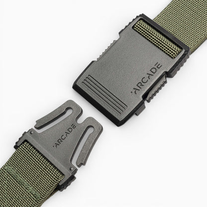 Arcade Hardware Belt in Olive — buckle, front