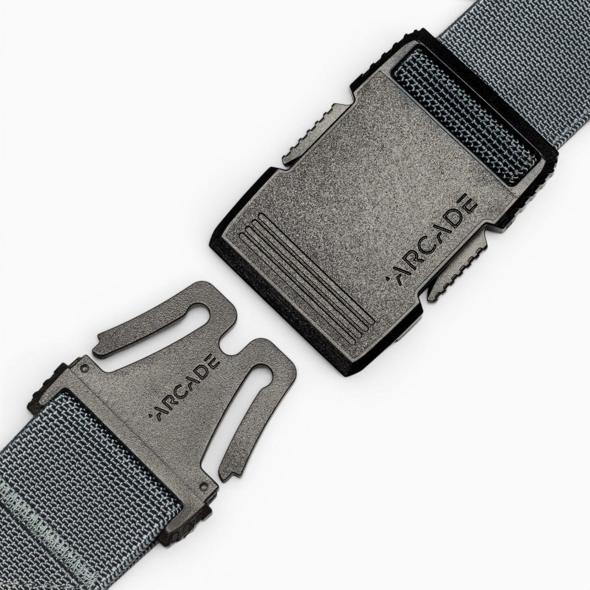 Arcade Hardware Slim Belt in Charcoal — buckle, front