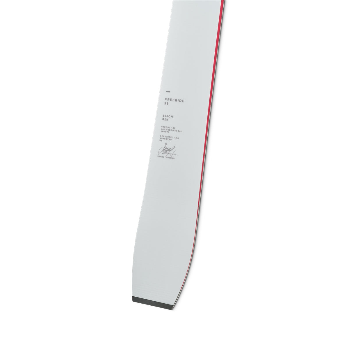 Van Deer Freeride 98 skis 2026/27 in off-white, tail detail with the model, length and turn radius printed on the topsheet and Marcel Hirscher's signature
