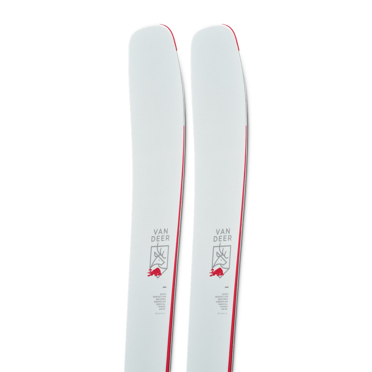 Van Deer Freeride 98 skis 2026/27 in off-white, close-up of the tips with the Van Deer deer crest on the topsheet
