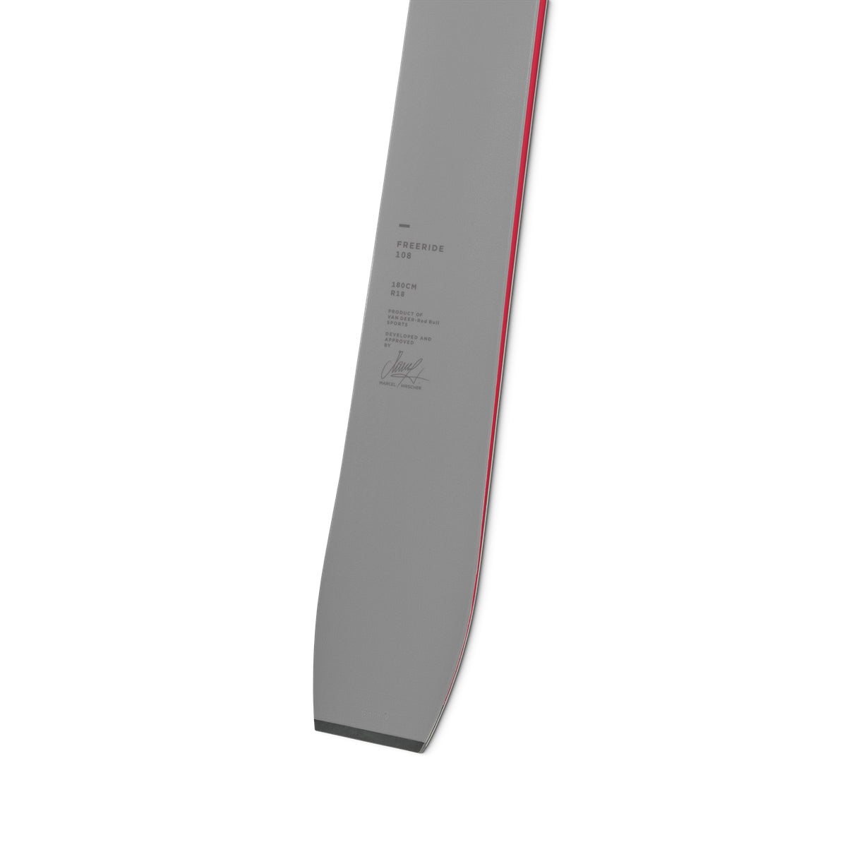 Van Deer Freeride 108 skis 2026/27 in mud brown, tail detail with the model, length and turn radius printed on the topsheet and Marcel Hirscher's signature
