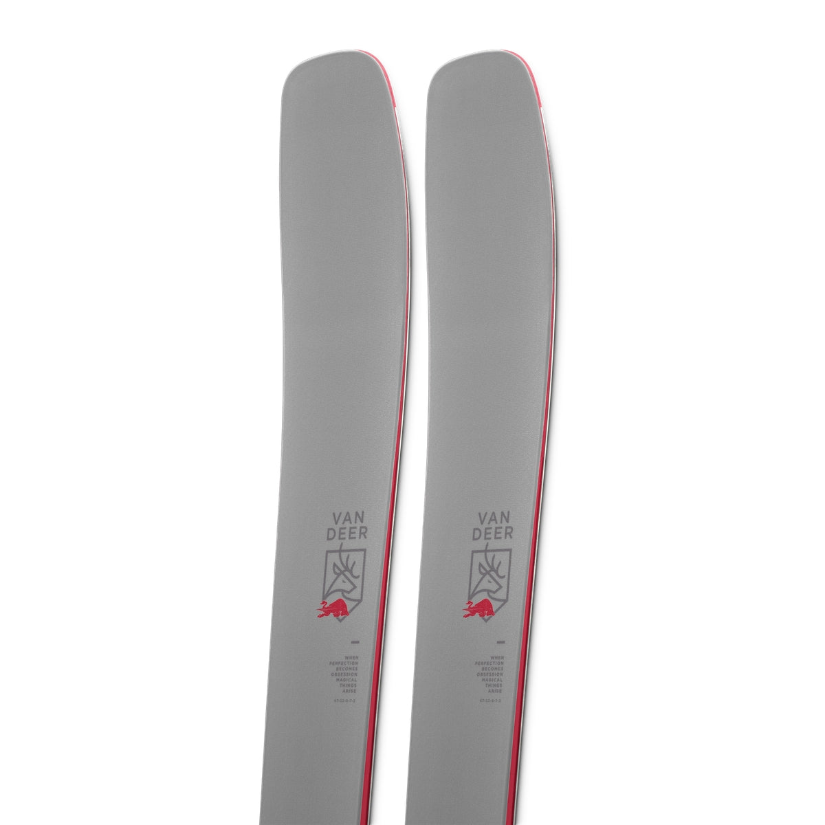 Van Deer Freeride 108 skis 2026/27 in mud brown, close-up of the tips with the Van Deer deer crest on the topsheet