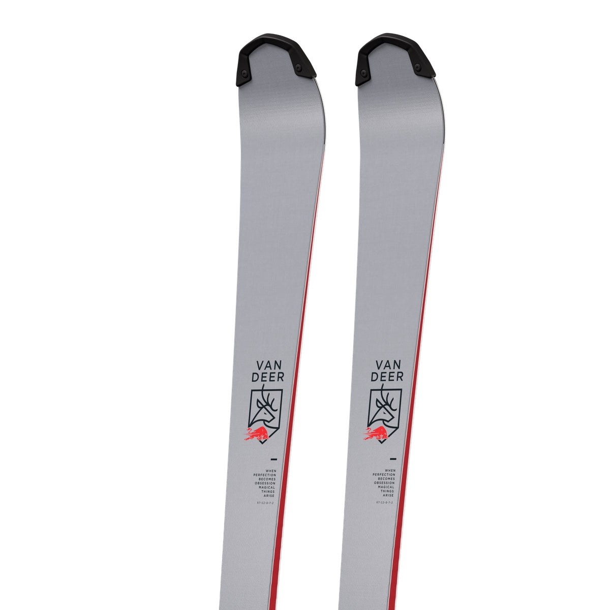 Van Deer SL slalom skis 2026/27 in grey, close-up of the tips with the Van Deer deer crest on the topsheet