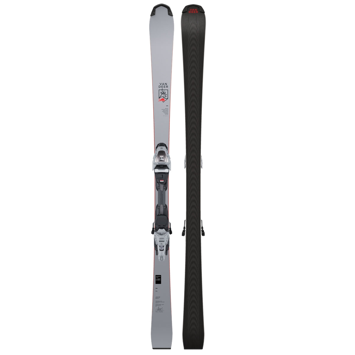 Van Deer SL slalom skis 2026/27 in grey, topsheet and base shown side by side