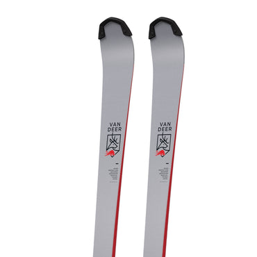 Van Deer SL-JR Pro junior slalom race skis 2026/27 in grey, close-up of the tips with the Van Deer deer crest on the topsheet