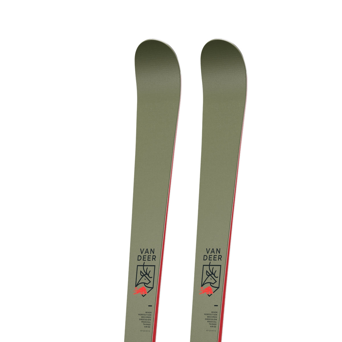 Van Deer PRO skis 2026/27 in khaki, close-up of the tips with the Van Deer deer crest on the topsheet