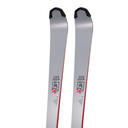 Van Deer SL World Cup slalom race skis 2026/27 in grey, close-up of the tips with the Van Deer deer crest on the topsheet