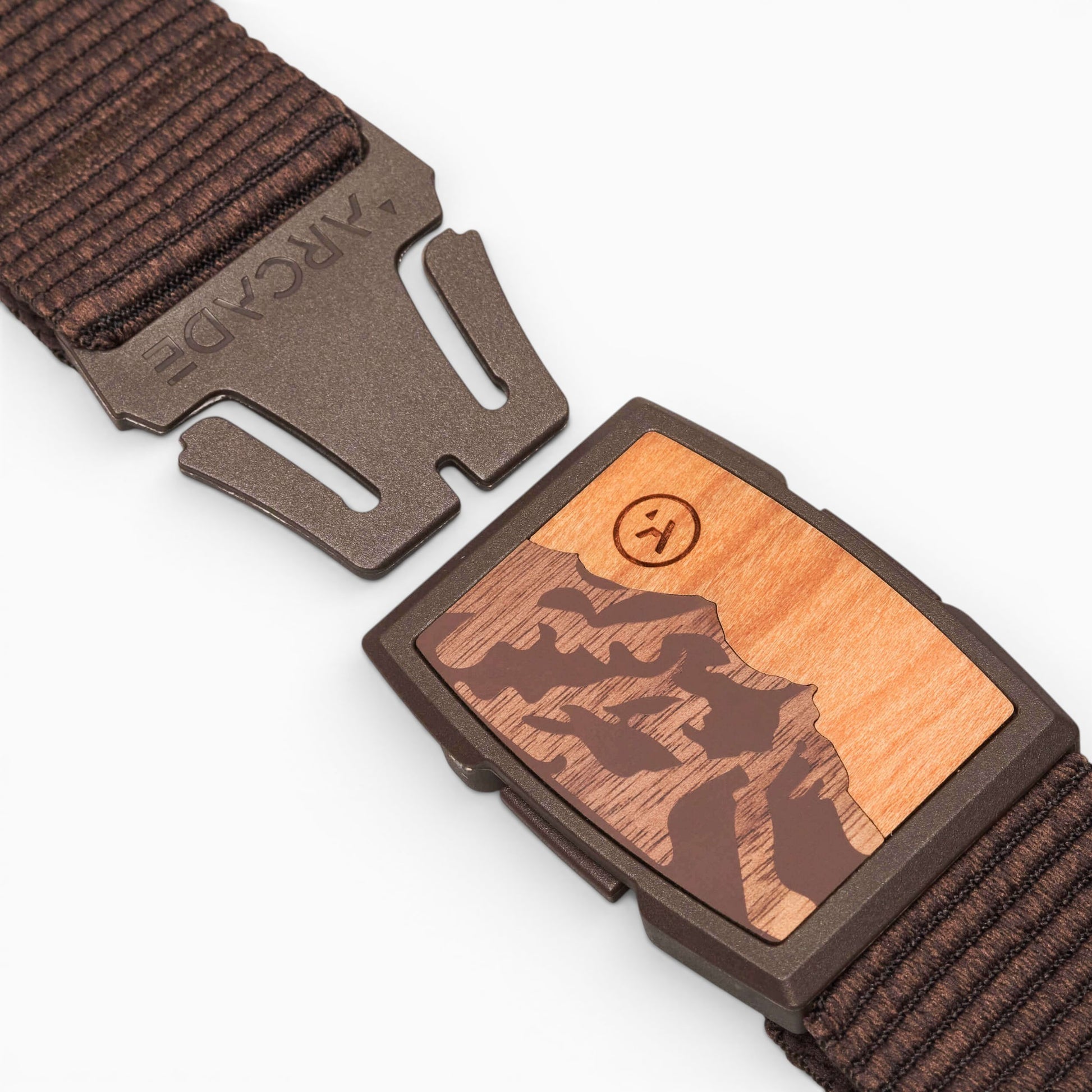 Arcade Woody Belt in Heather Walnut — buckle, front