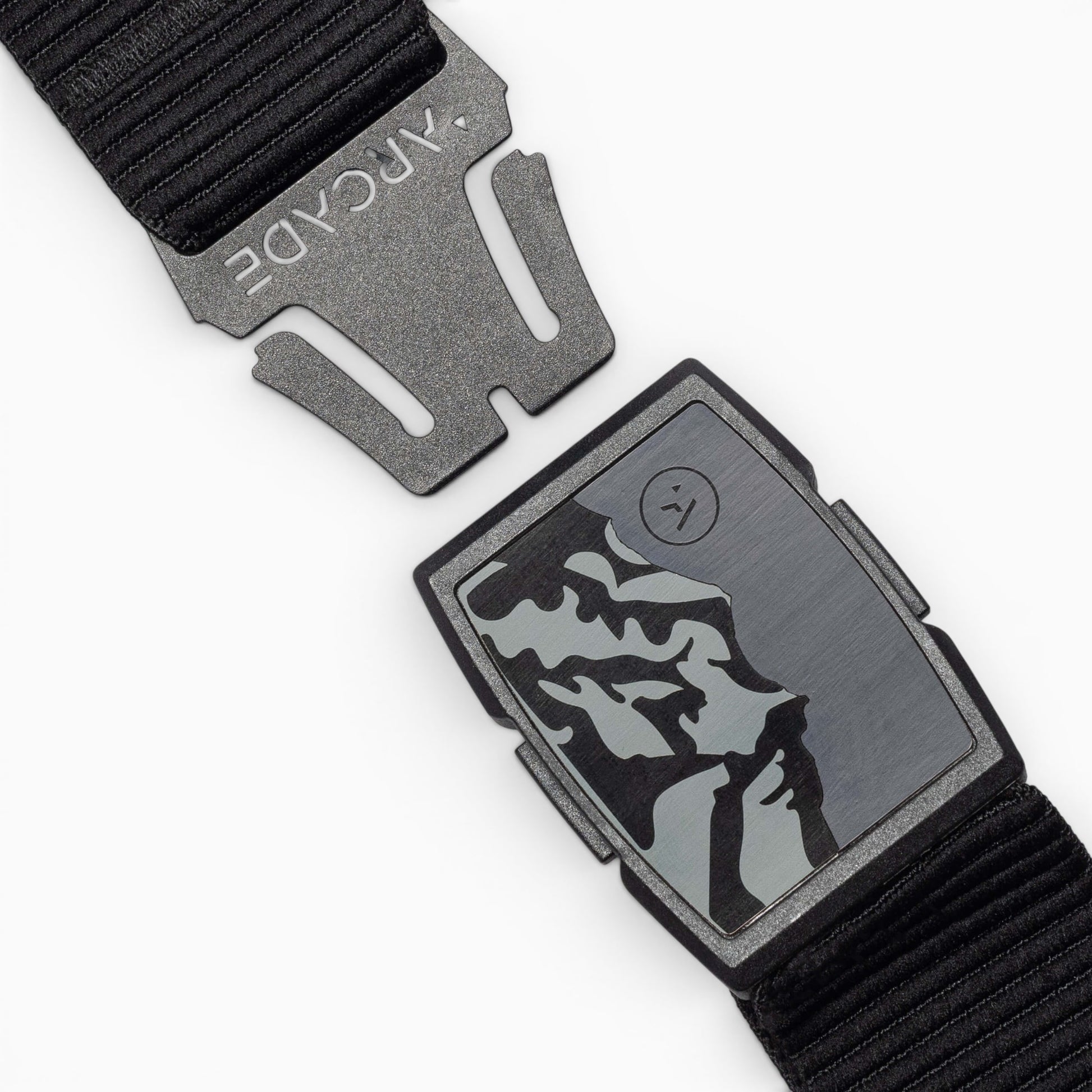 Arcade Woody Belt in Smoke — buckle, front