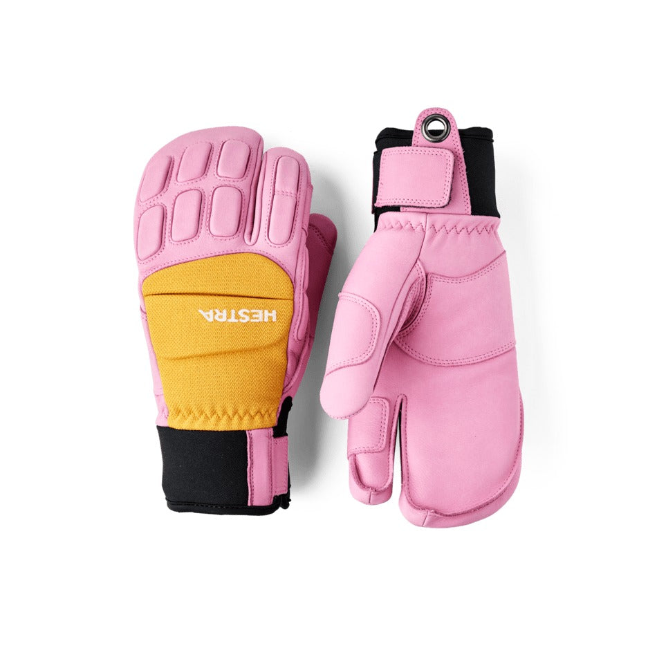 Hestra Vertical Cut Freeride 3-finger in Cerise/Mustard — pair shown, backhand and palm