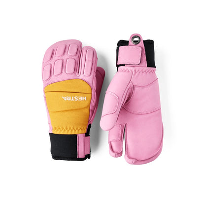 Hestra Vertical Cut Freeride 3-finger in Cerise/Mustard — pair shown, backhand and palm